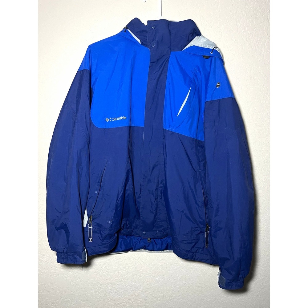 Columbia Men's Hooded Colorblock Jacket L Blue Full Zip Stand-Up Zipped Pockets